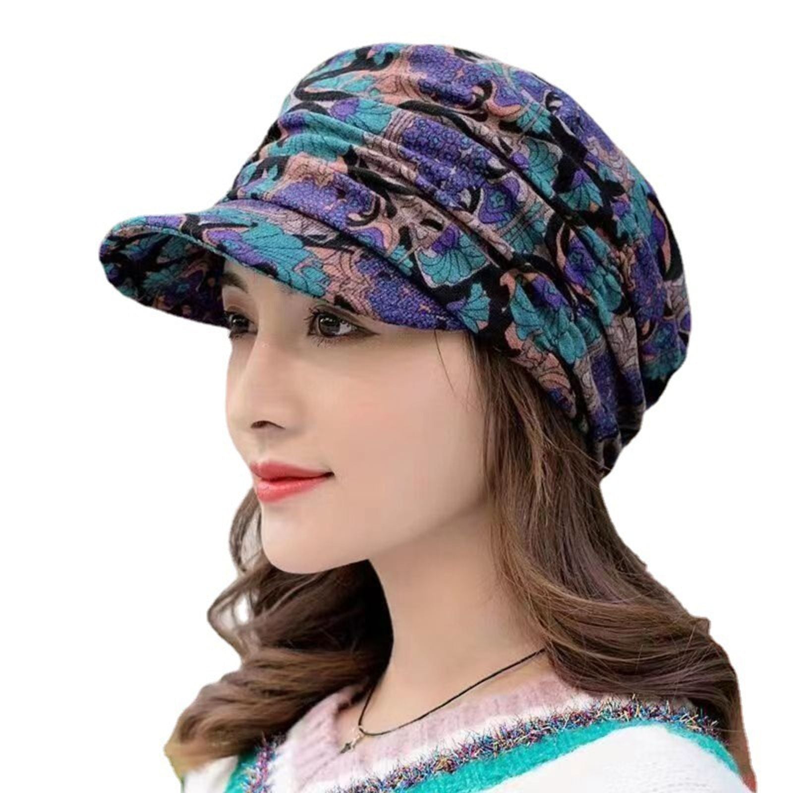 Women’s Peaked Cap with Earflaps - Floral Print