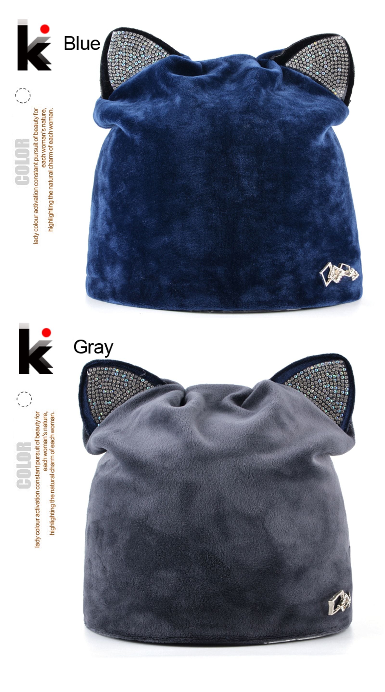 Women's Warm Velvet Cat Beanie with Flashing Rhinestones