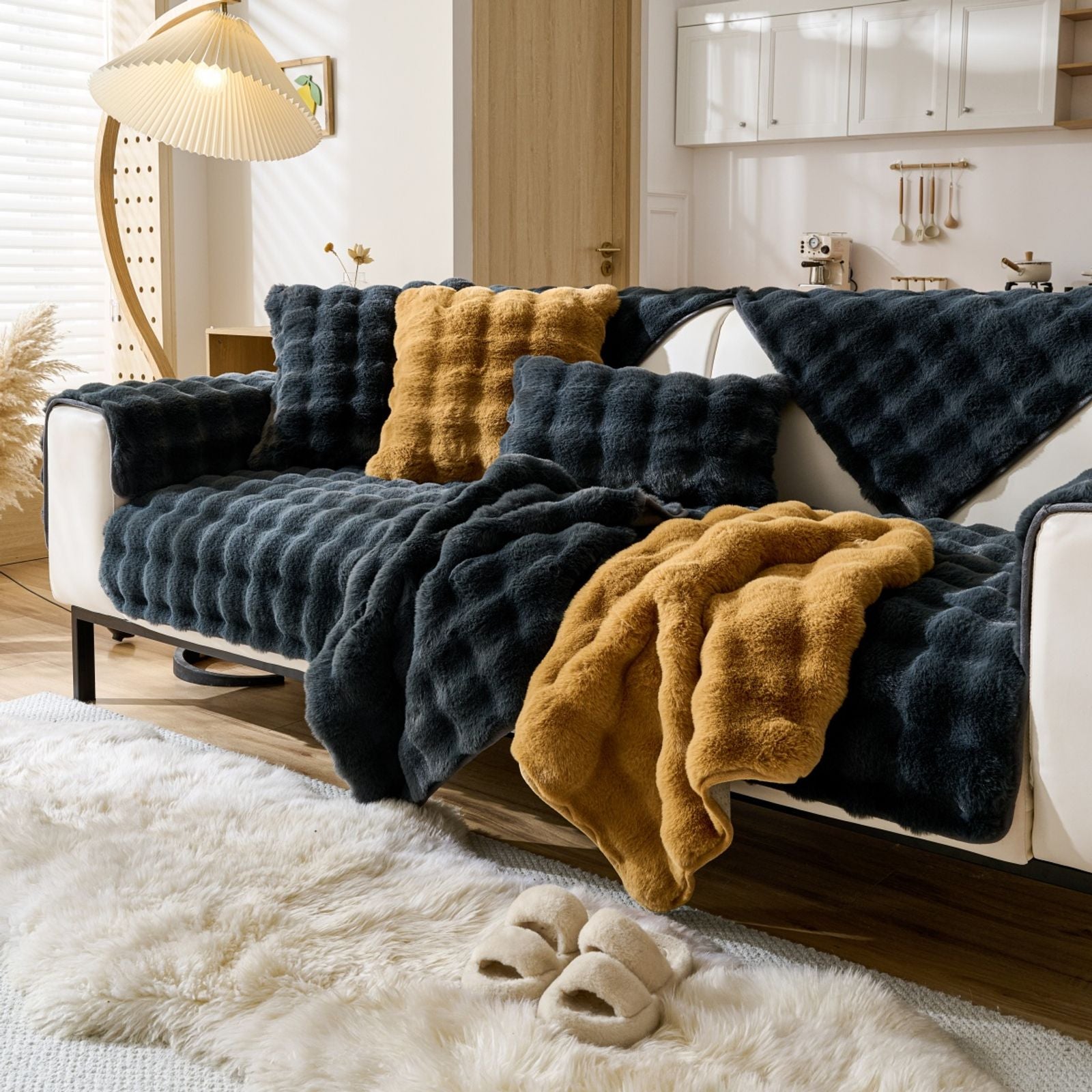 Thick Imitation Rabbit Fur Plush Sofa Slipcover