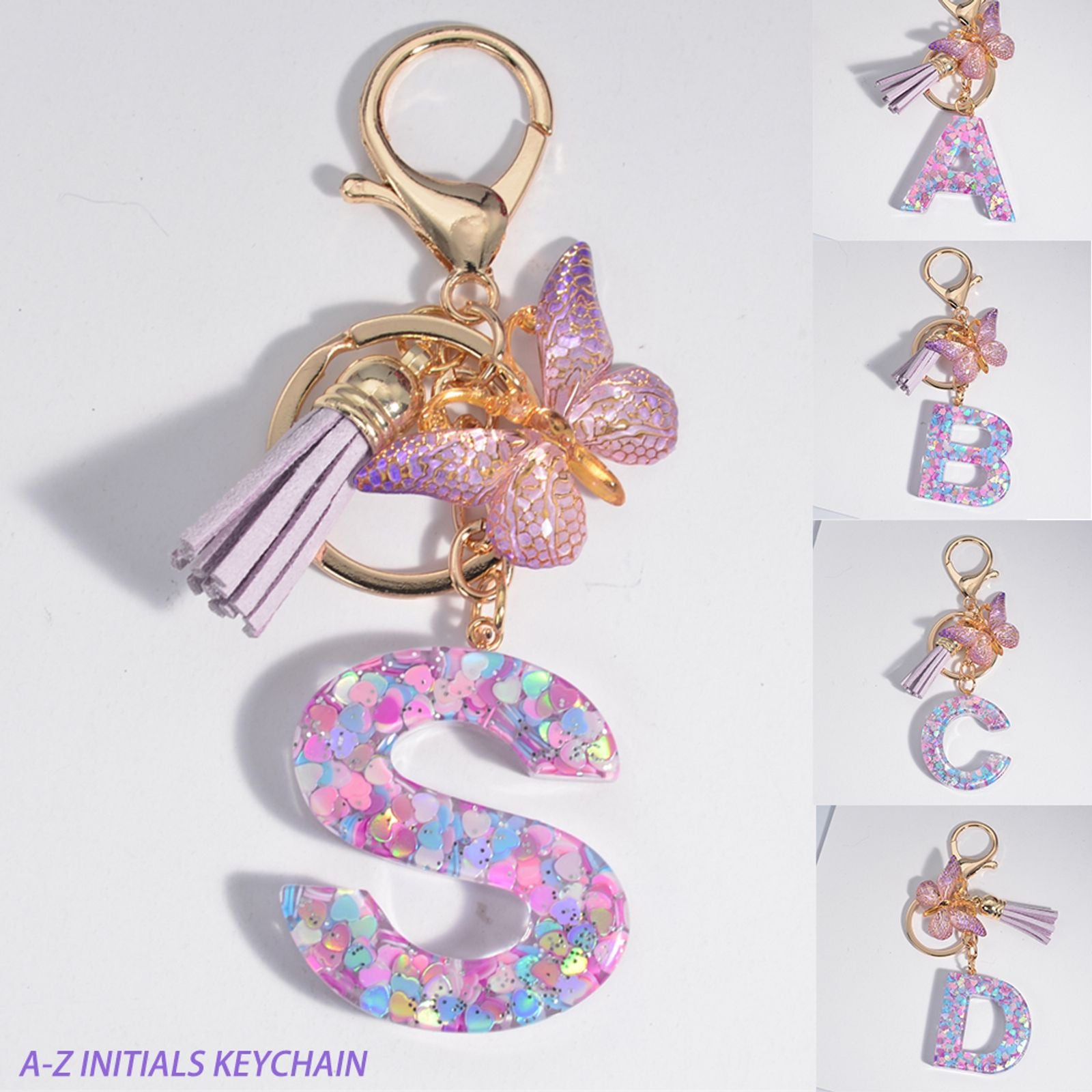 Dreamy Sequin Initial Keychain with Butterfly Pendant