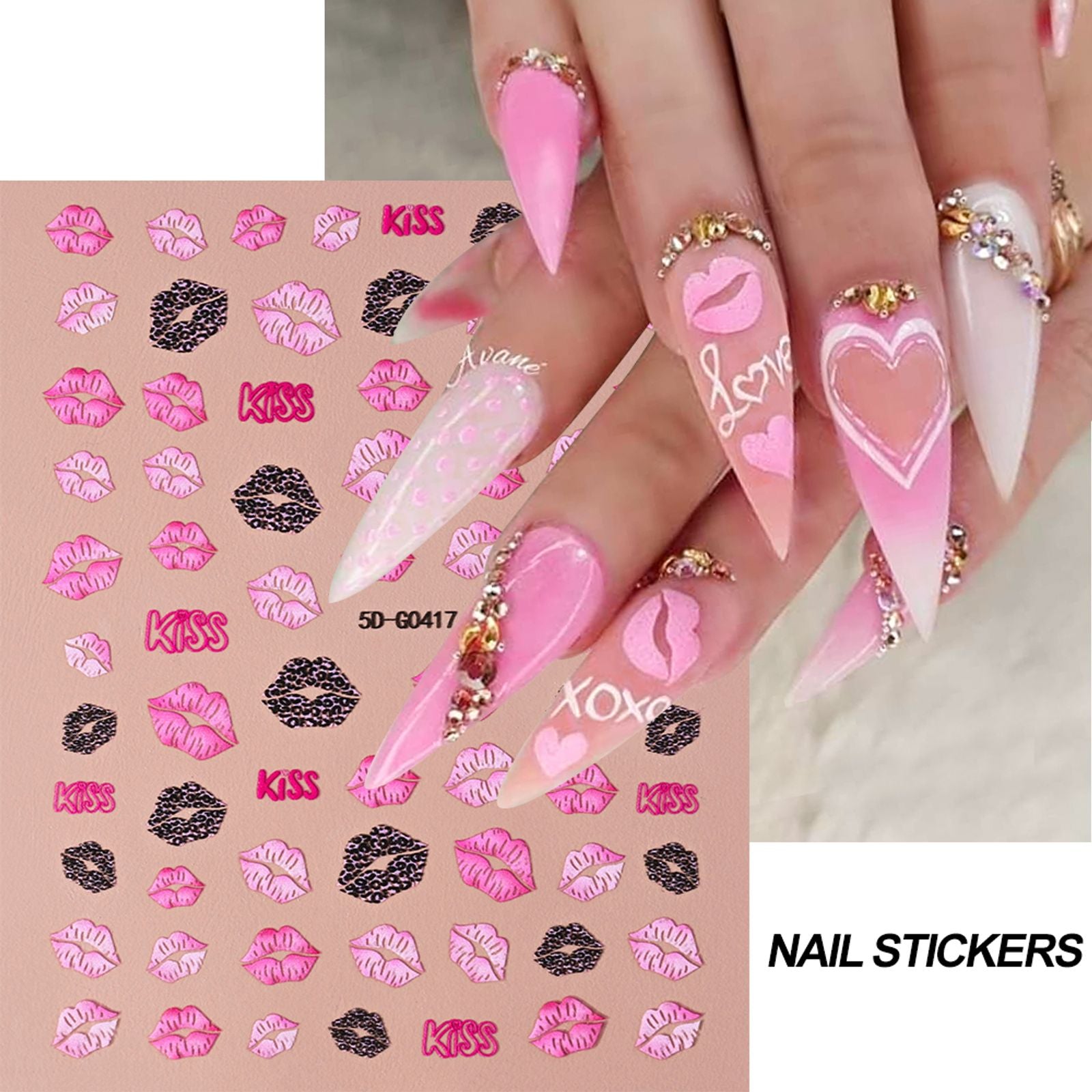 5D Embossed Red and Pink Lips Nail Stickers