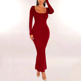 Slim Fit U-Neck Long Sleeve Wrap Dress