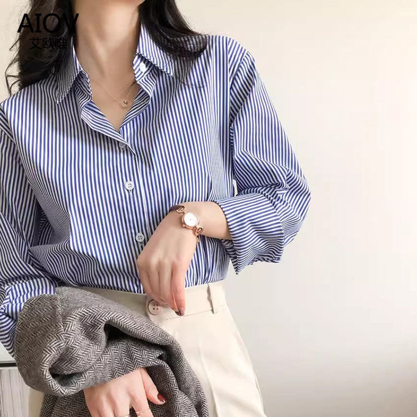 Classic Striped Long Sleeve Blouse for Women