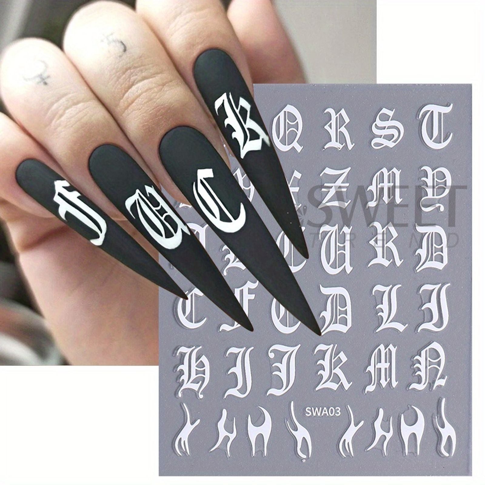 2pcs Gothic Letter Nail Stickers - Black & White Alphabet Design
