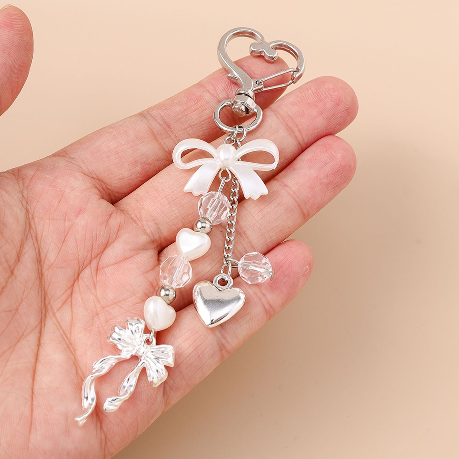 Cute Bowknot Love Heart Keychain with Crystal and Pearl