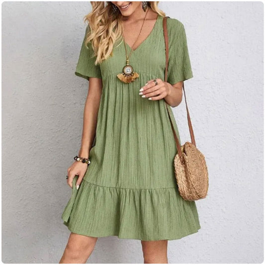 Women's Summer Peplum Dress with V-Neck and Ruffle Hem