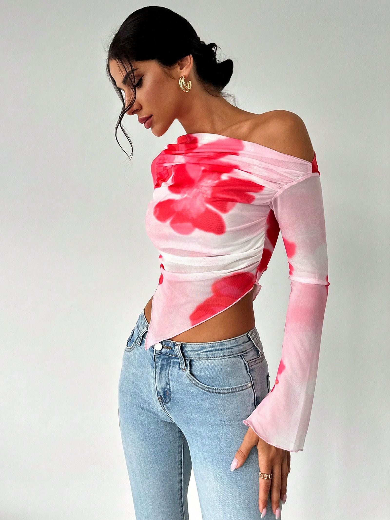 Sweet Spice Mesh Print Off-the-Shoulder Long Sleeve Top