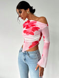 Sweet Spice Mesh Print Off-the-Shoulder Long Sleeve Top