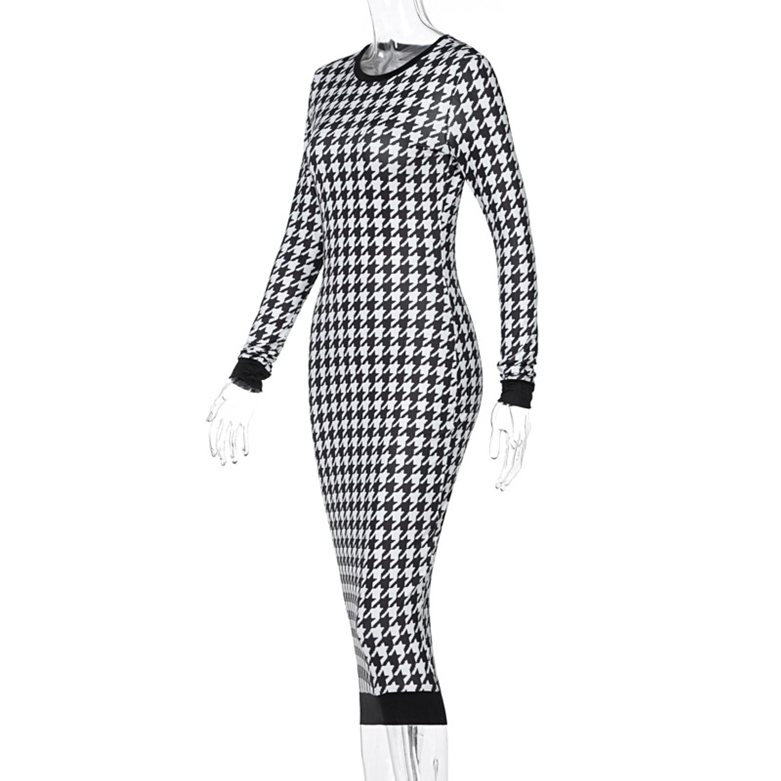 Houndstooth Print Long Sleeve Midi Dress for Women