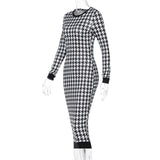 Houndstooth Print Long Sleeve Midi Dress for Women