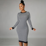 Houndstooth Print Long Sleeve Midi Dress for Women