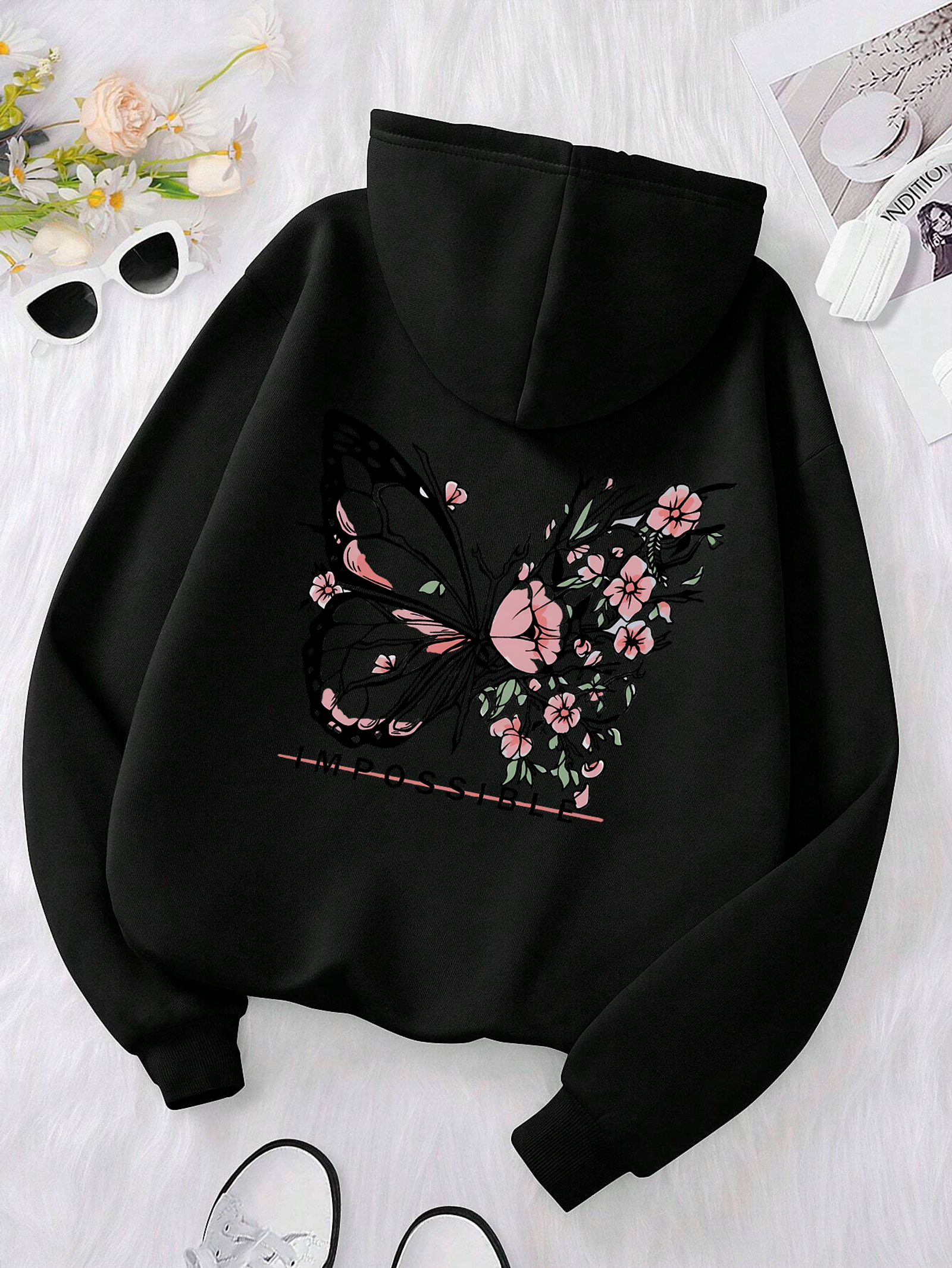 Rose Butterfly Graphic Print Hoodie for Women