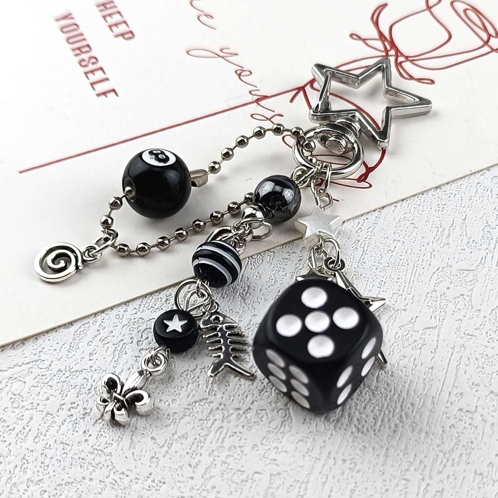 Punk Black Love Cross Fish Bone Pendant Keychain