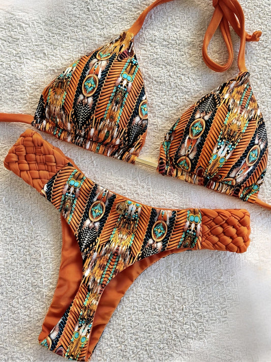 Print Halter Mini Thong High Cut Bikini Set