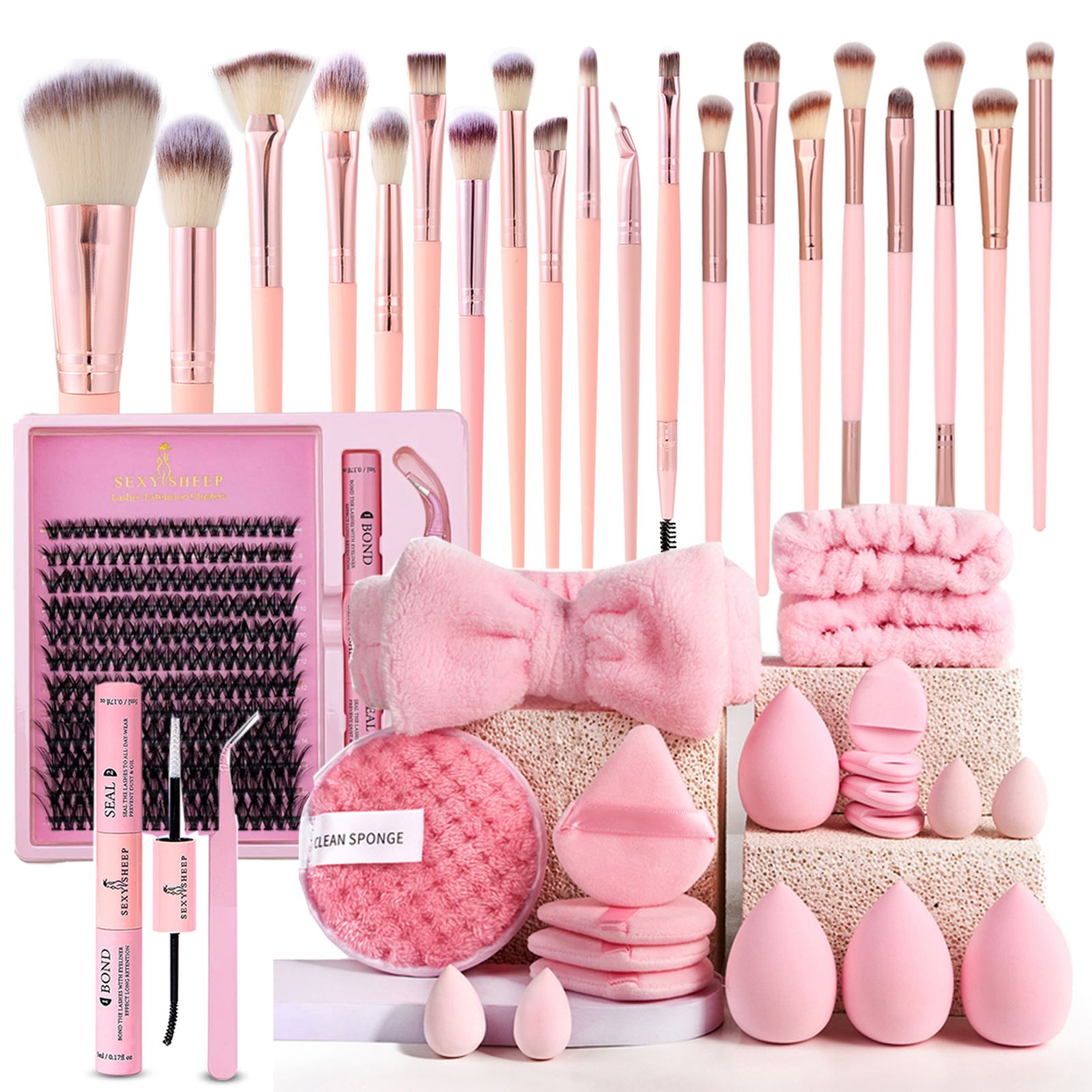 Makeup Brushes and Sponges Set with Headband and Wristband