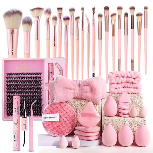 Makeup Brushes and Sponges Set with Headband and Wristband