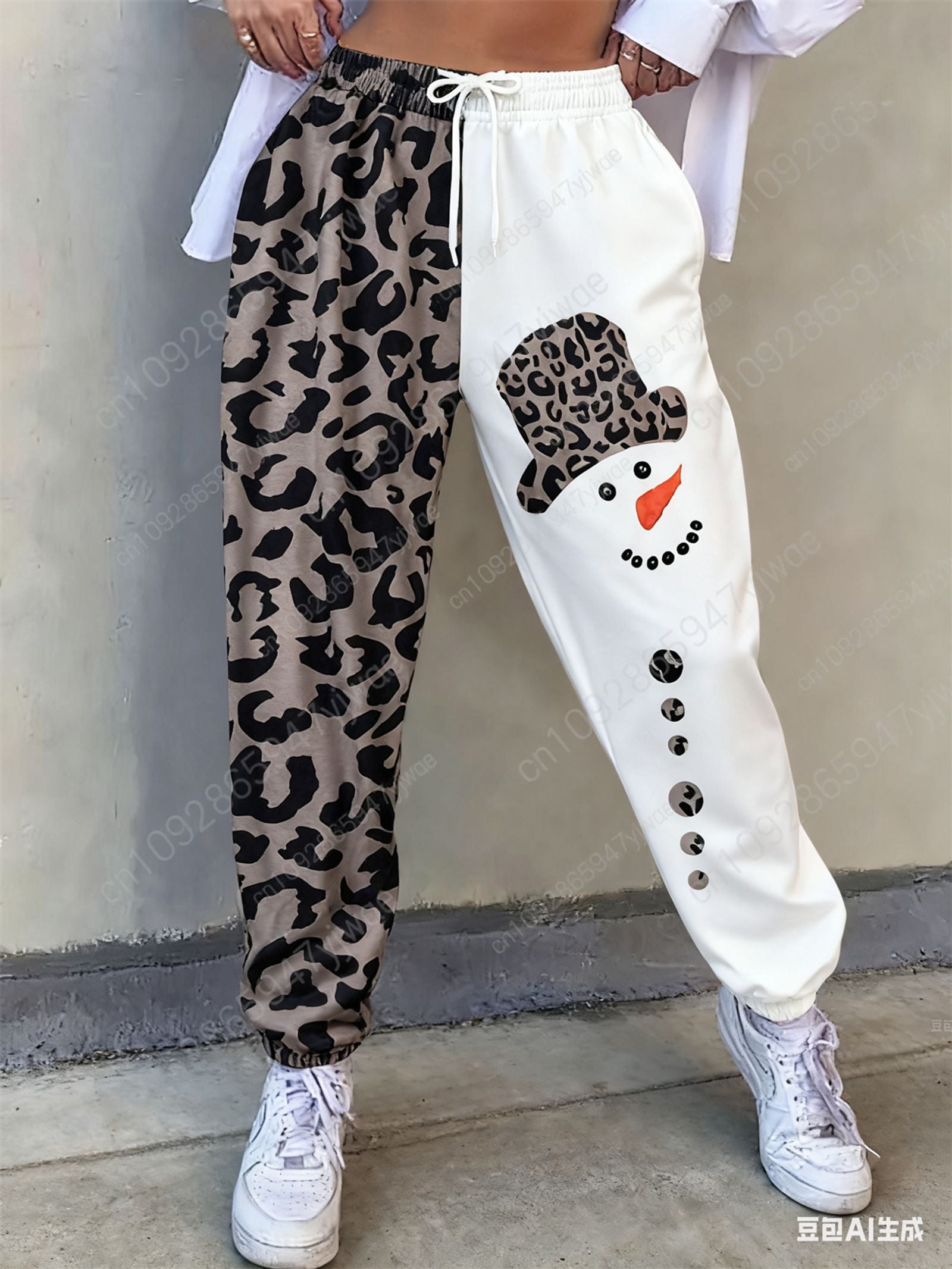 Leopard Snowman Print Casual Pants for Women