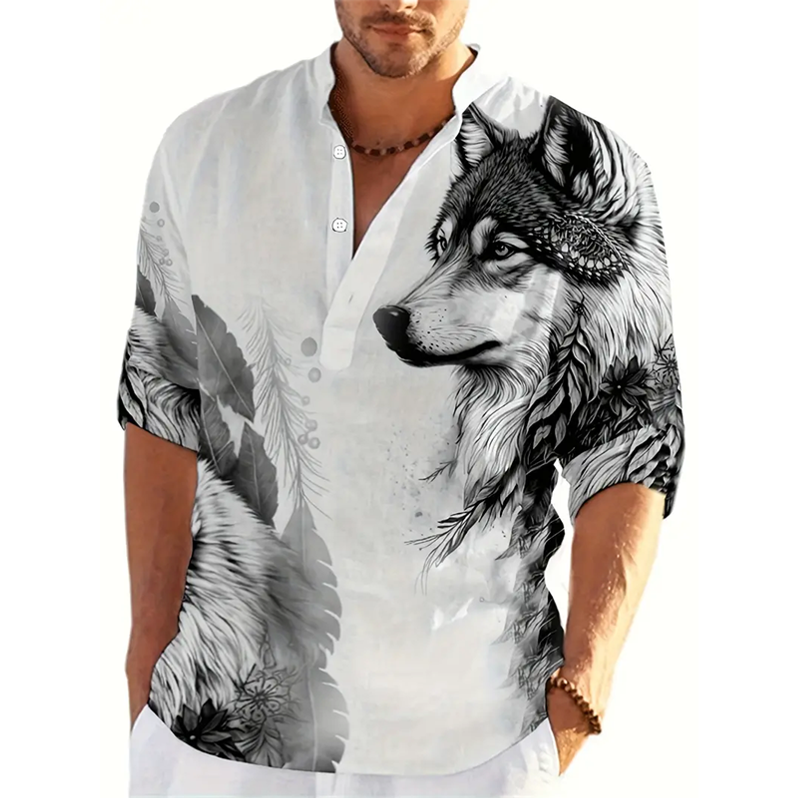 Men's Oversized Wolf 3D Printed Henley Shirt