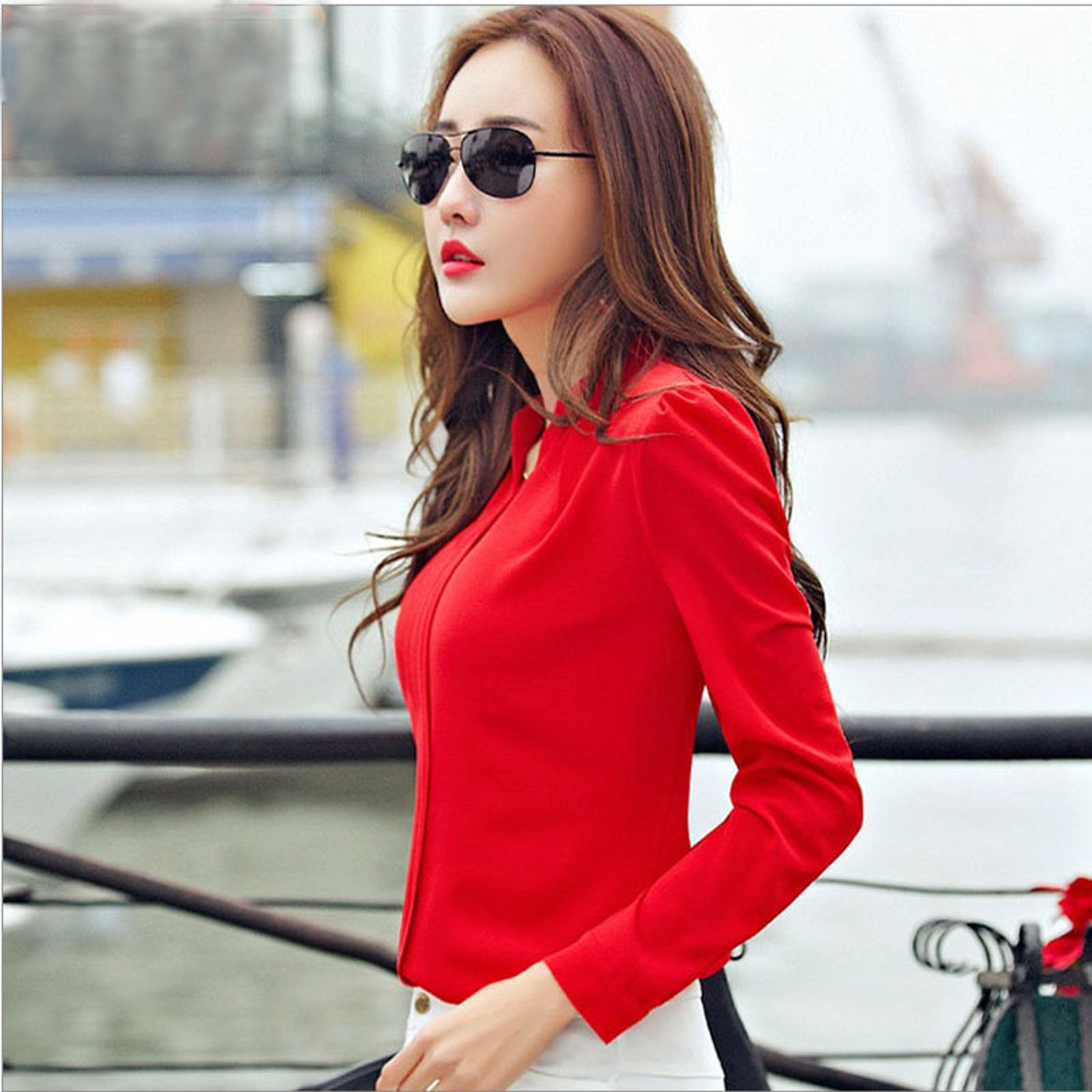Women's Long Sleeve V Neck Chiffon Blouse - Elegant Office Wear