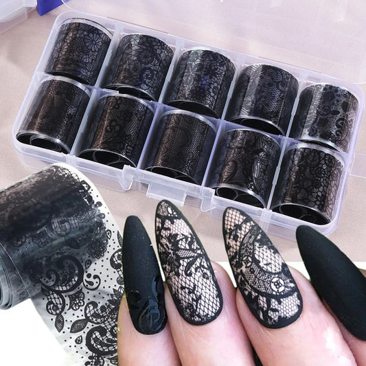 10 Rolls of White and Black Lace Nail Art Foils Set