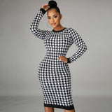 Houndstooth Print Long Sleeve Midi Dress for Women