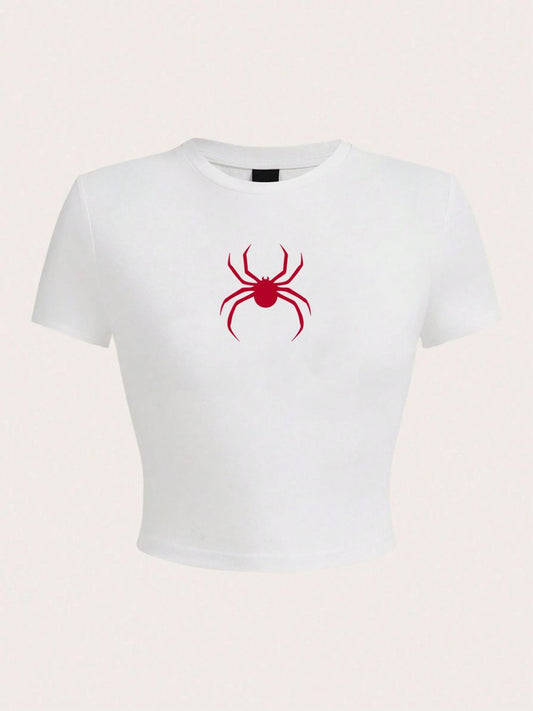 Simple Red Spider Print Crop T-Shirt for Women