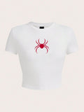 Simple Red Spider Print Crop T-Shirt for Women