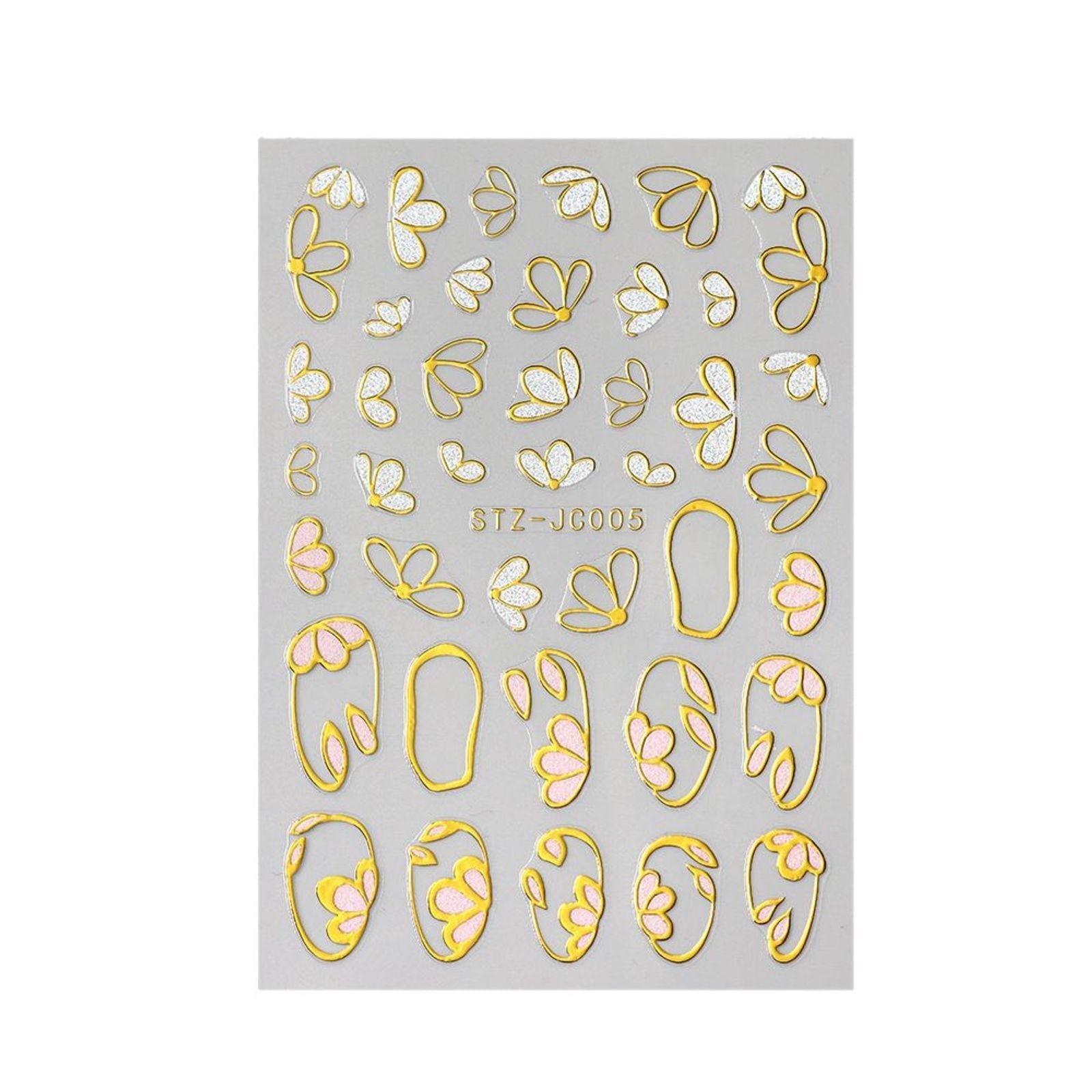 3D Pink Gold Flower Nail Stickers with Metallic Gold Lines