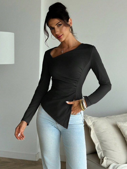 Elegant Solid Color Long Sleeve T-Shirt for Women