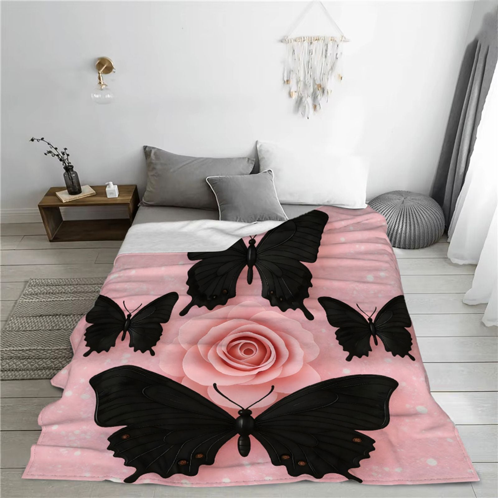 Pink Butterfly Rose Flannel Throw Blanket