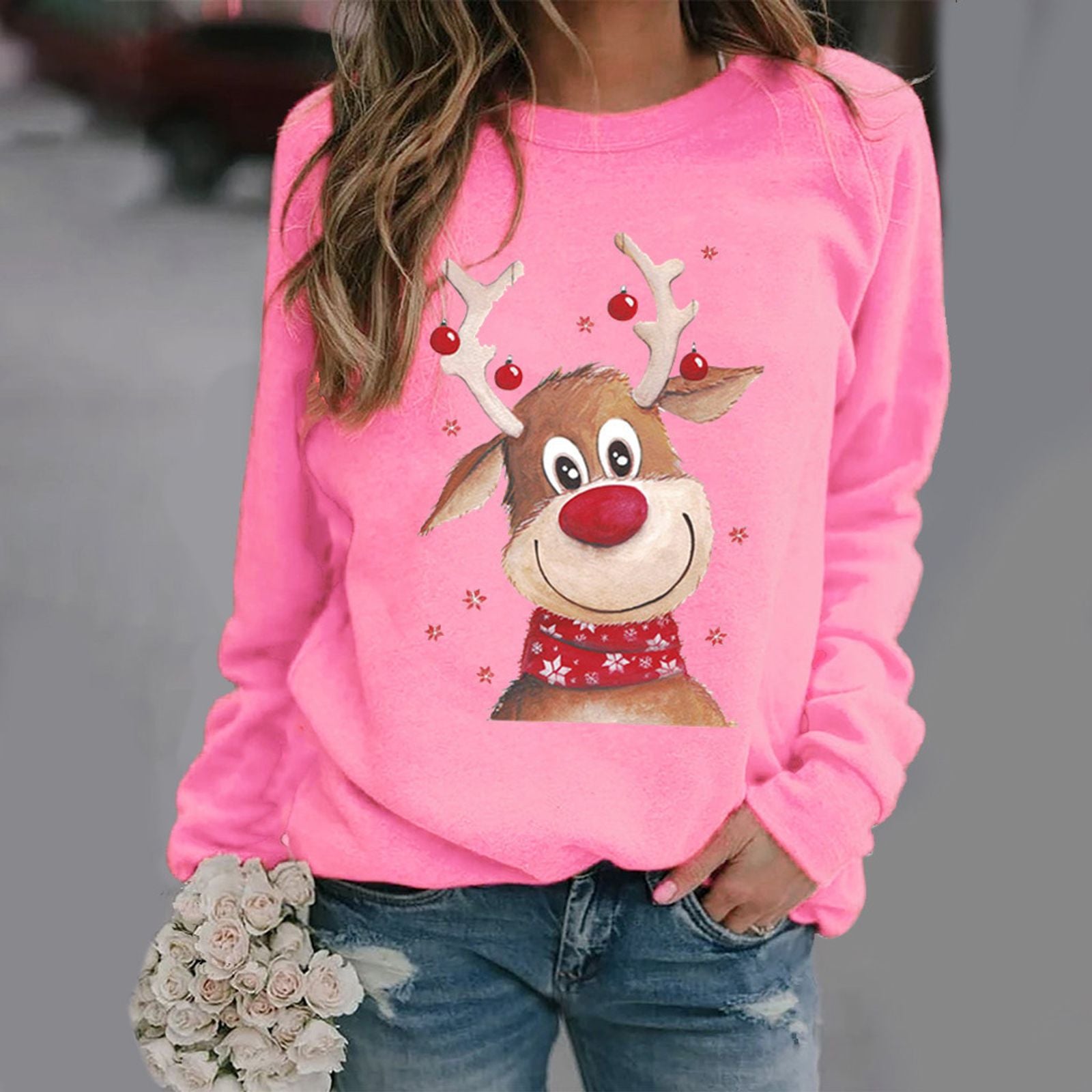 3D Reindeer Print Christmas Sweatshirt for Women