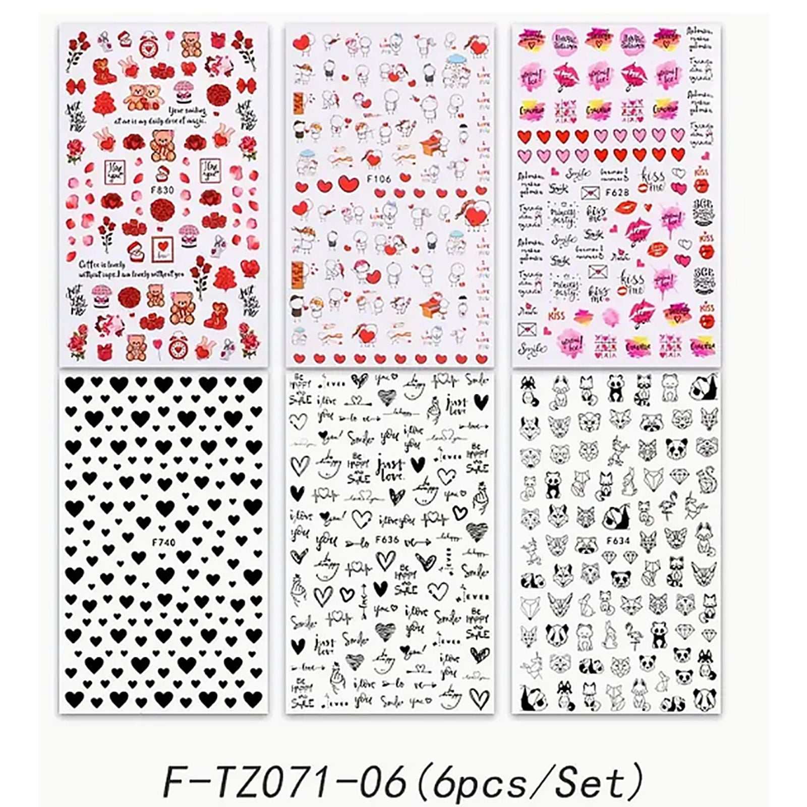 6PCS 3D Valentine’s Day Nail Art Stickers - Cute Cartoon Designs