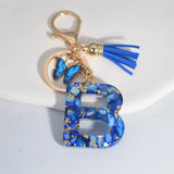 Blue Glazed Stone A-Z Letter Keychain with Butterfly Pendant