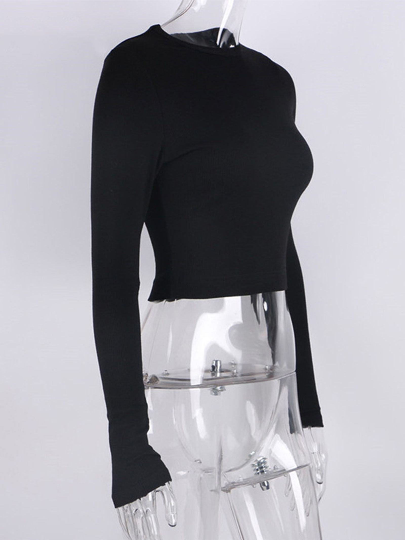 Women’s Ribbed O Neck Long Sleeve Cropped Top