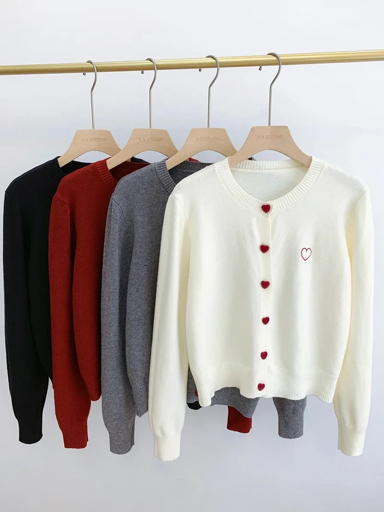 Women's O-Neck Heart Button Sweater Cardigan with Bow Embroidery