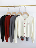 Women's O-Neck Heart Button Sweater Cardigan with Bow Embroidery