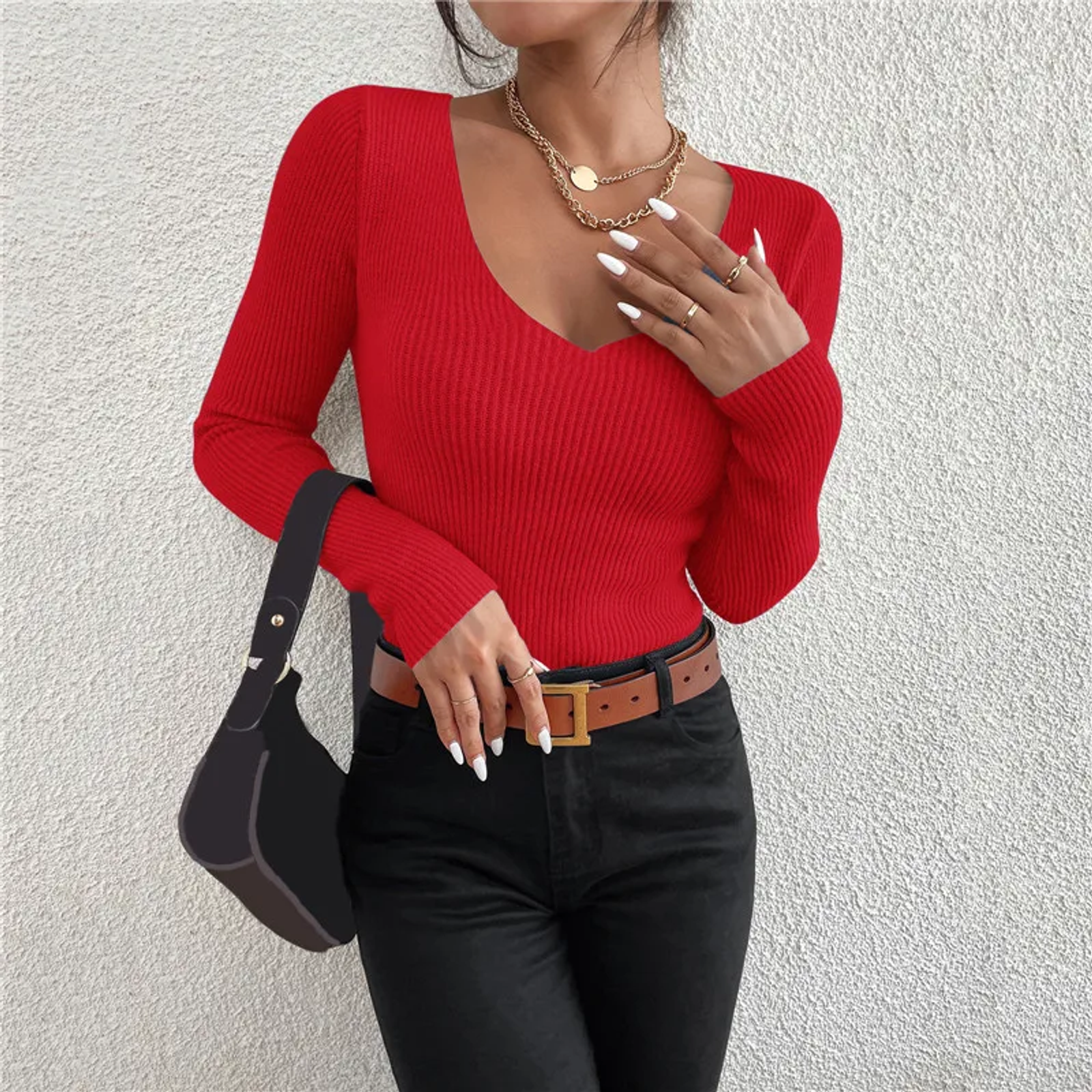 Women’s Solid Rib Knit V-Neck Stripe Sweater
