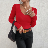 Women’s Solid Rib Knit V-Neck Stripe Sweater