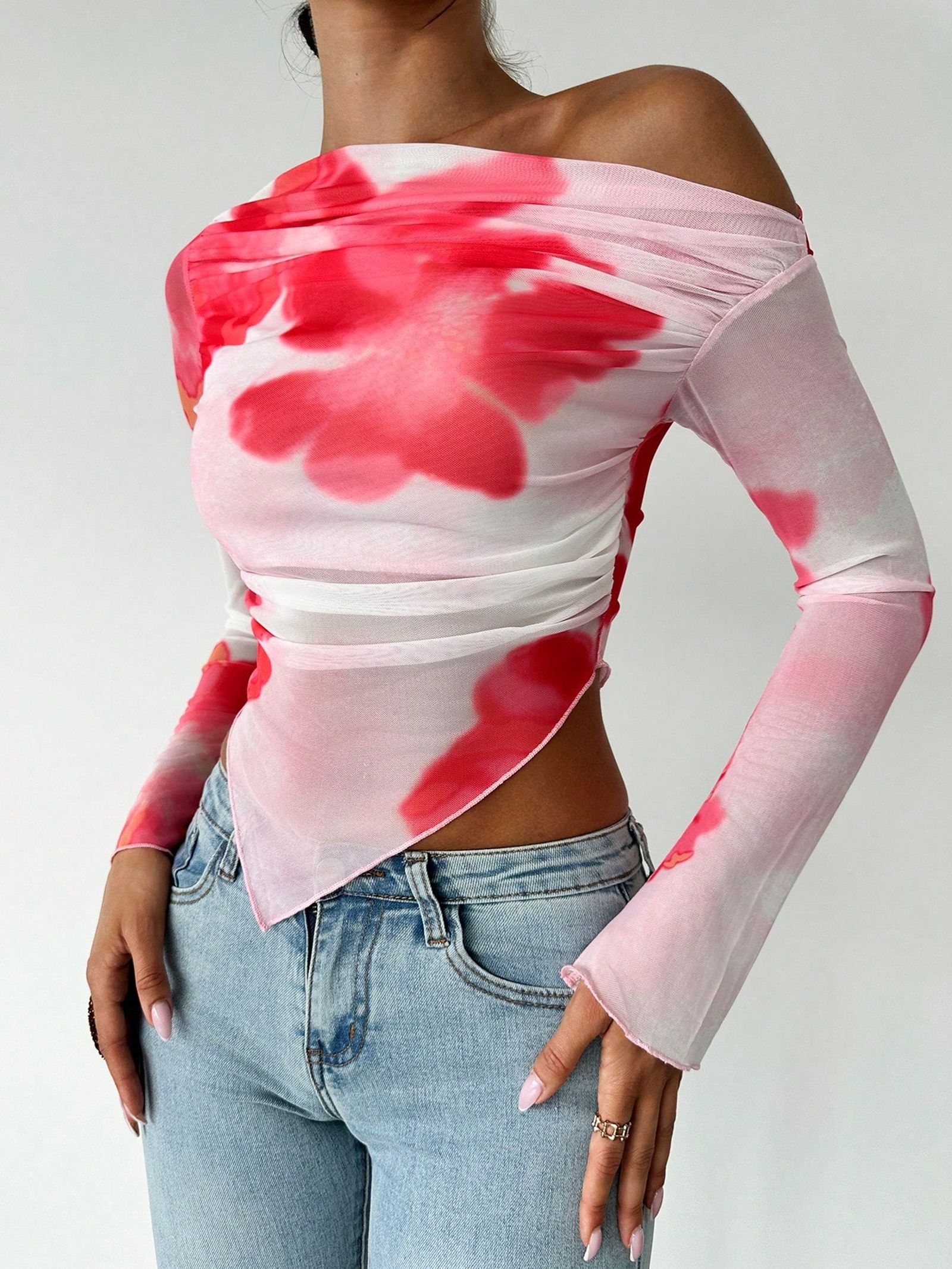 Sweet Spice Mesh Print Off-the-Shoulder Long Sleeve Top