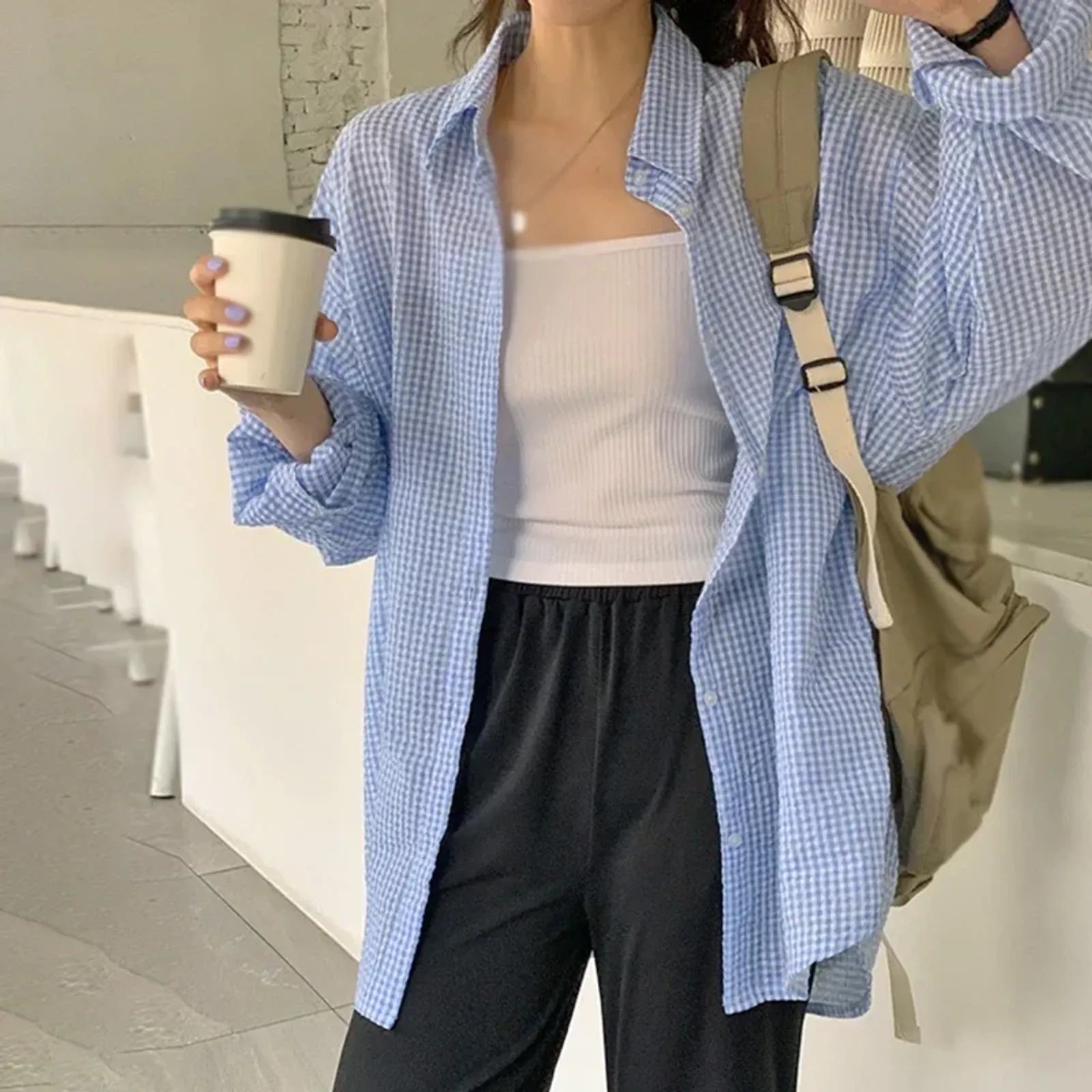 Korean Women's Long Sleeve Plaid Shirt for Summer