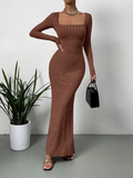 Women's Retro Long-Sleeved Square Neck Knitted Dress