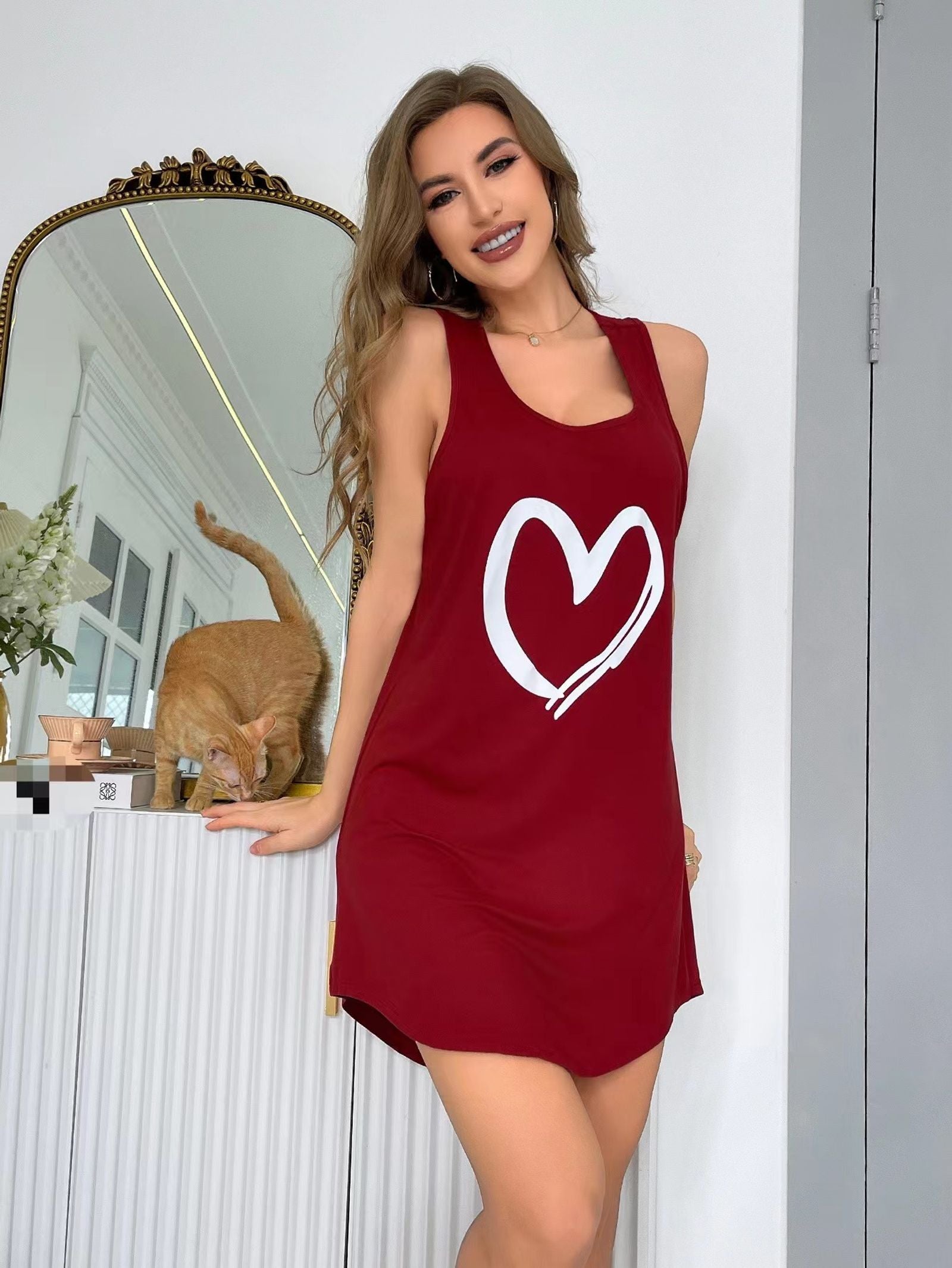 Women's Sleeveless Vest Nightdress with Love Print