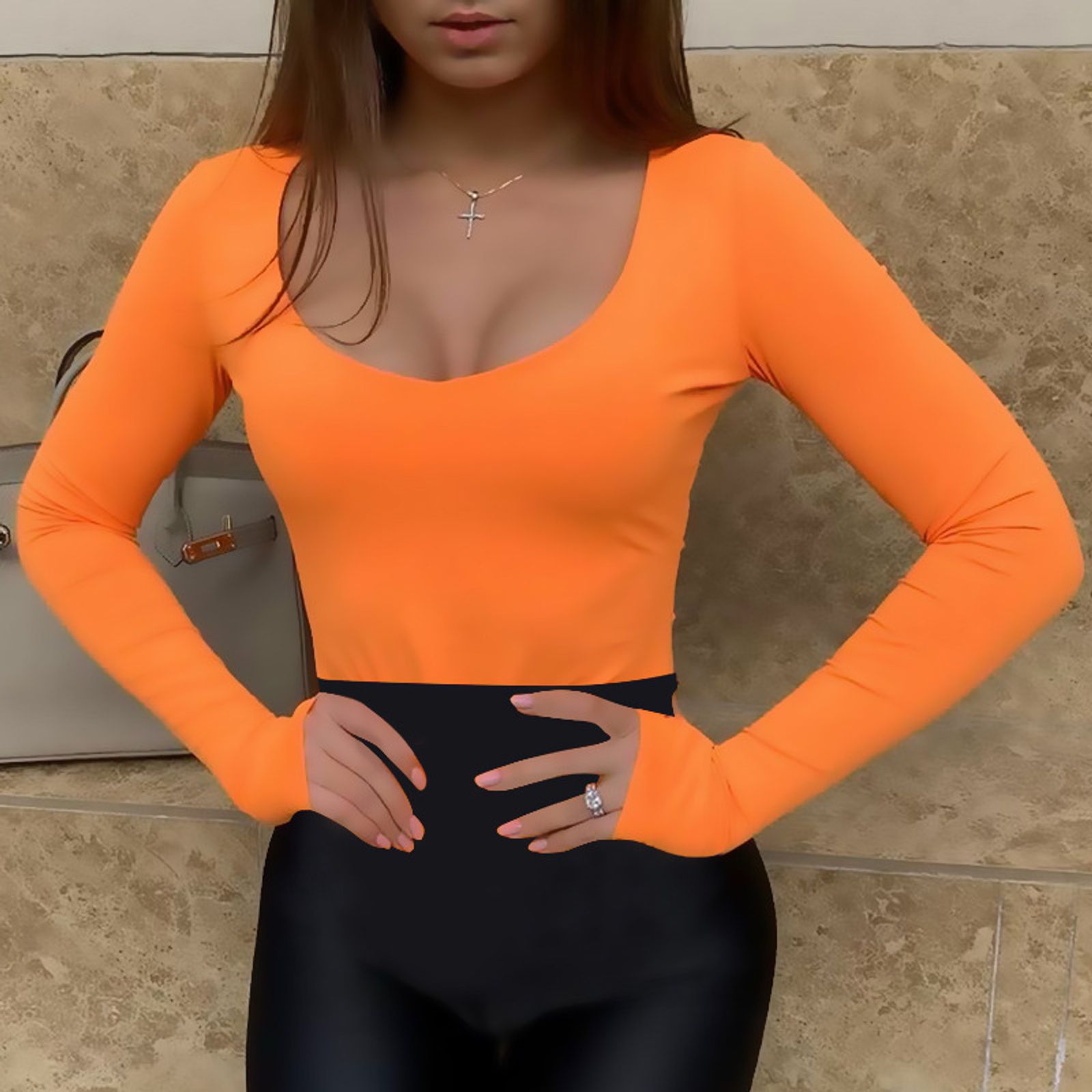 Orange Neon Long Sleeve Bodysuit for Women
