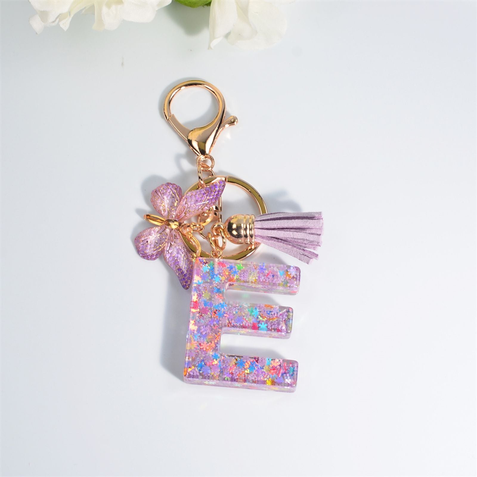 Dreamy Sequin Initial Keychain with Butterfly Pendant