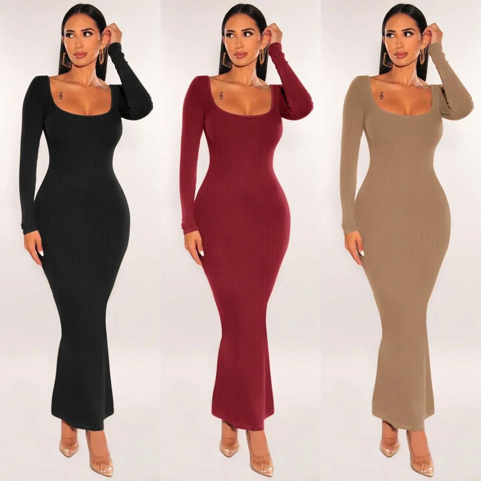 Slim Fit U-Neck Long Sleeve Wrap Dress