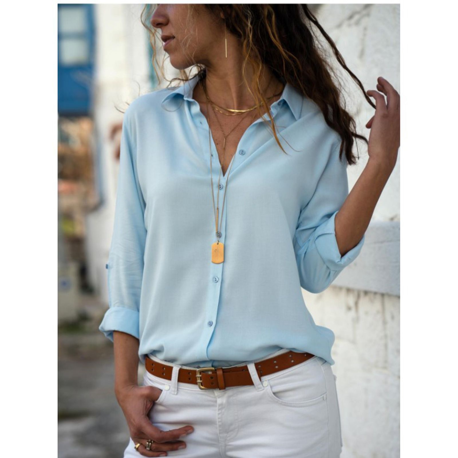 Women's Vintage Autumn Polo Collar Button-Up Blouse