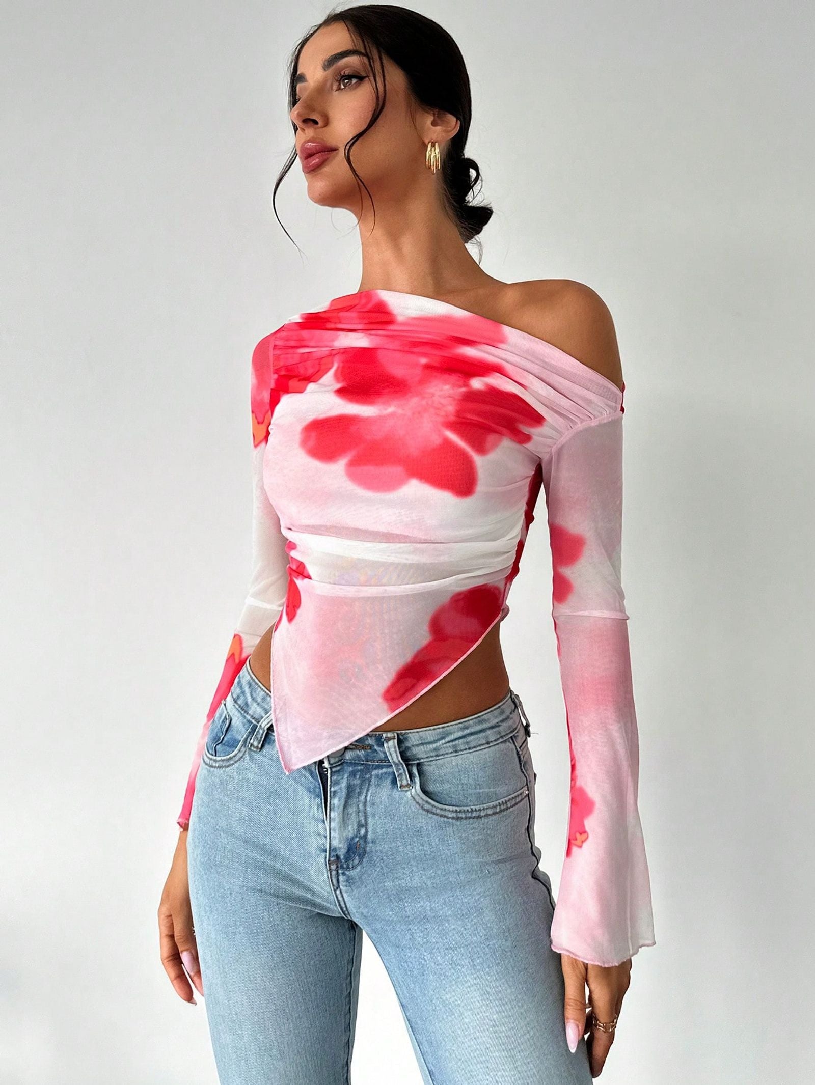 Sweet Spice Mesh Print Off-the-Shoulder Long Sleeve Top