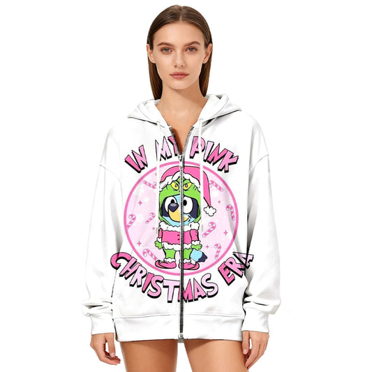 Women's Oversized Hooded Zip-Up Sweatshirt - My Pink Christmas Era