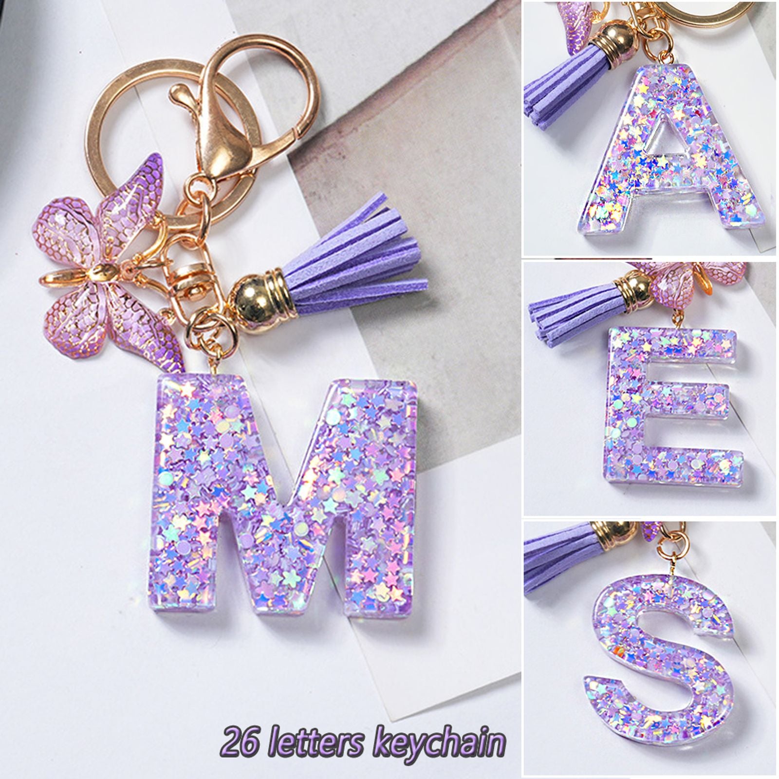 A-Z Sequins Initial Letter Keychain with Purple Butterfly Tassel
