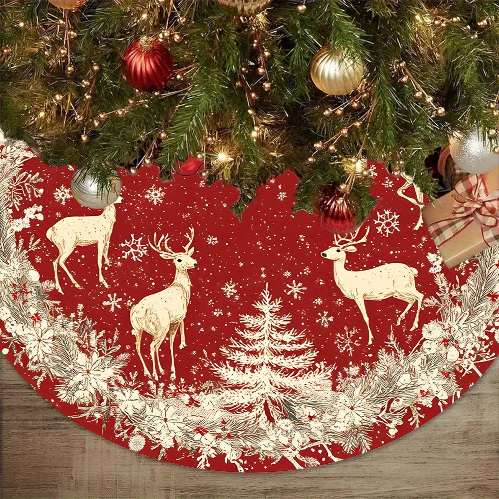Christmas Tree Skirt in Red and Gold with Deer Design